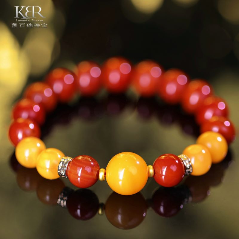 天然妖纹蜜蜡圆珠玛瑙手串高定百搭款KBRWR0304045