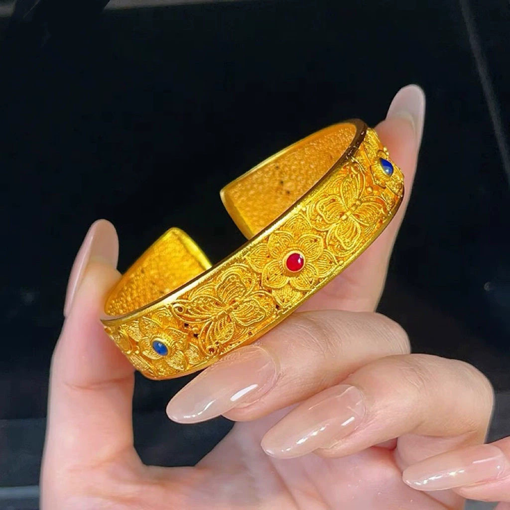 金店同款沙金饰品红蓝蝶恋开口手镯女轻奢小众设计感仿黄金不掉色