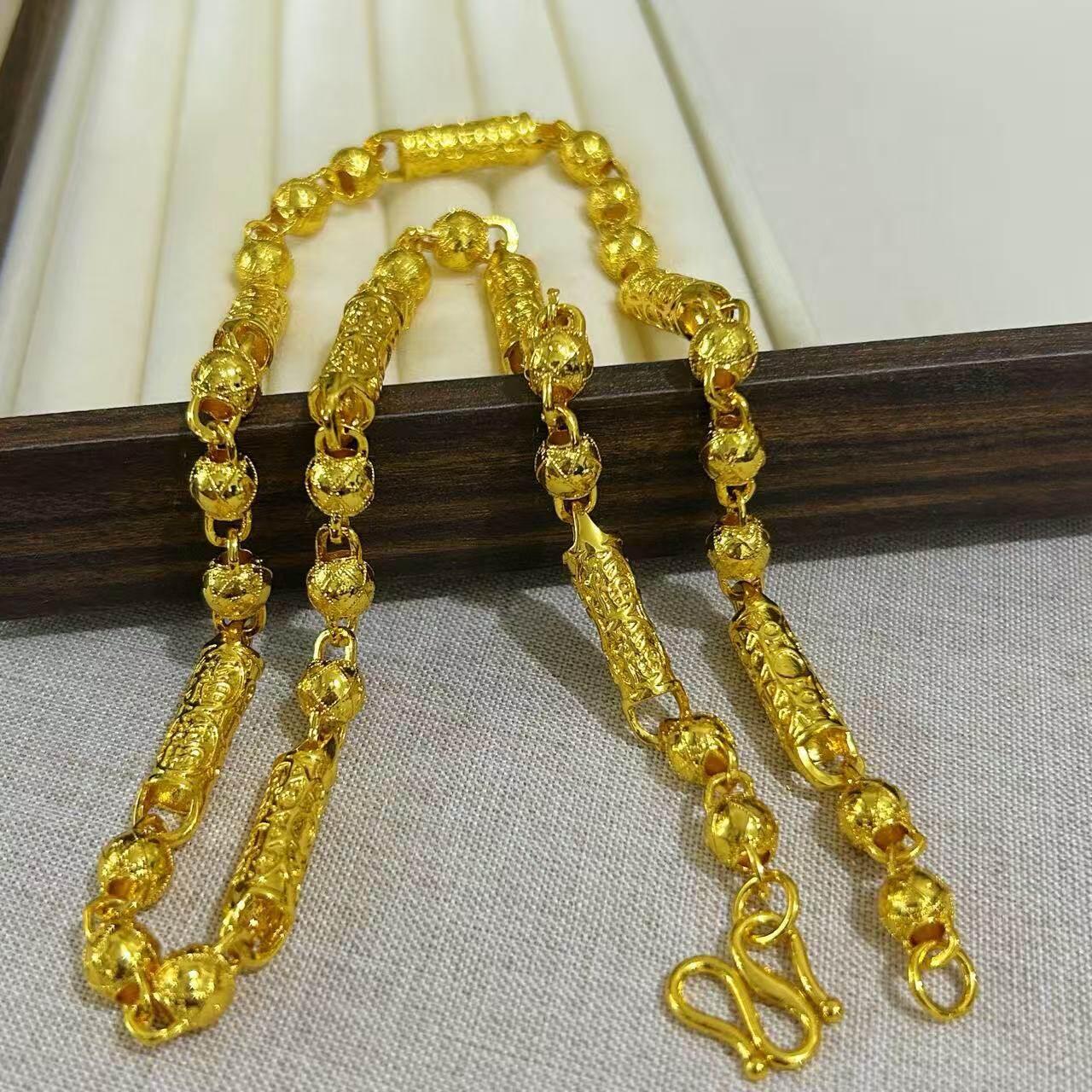 沙金饰品复古双福圆珠男士项链时尚霸气久不掉色仿真金新中式配饰