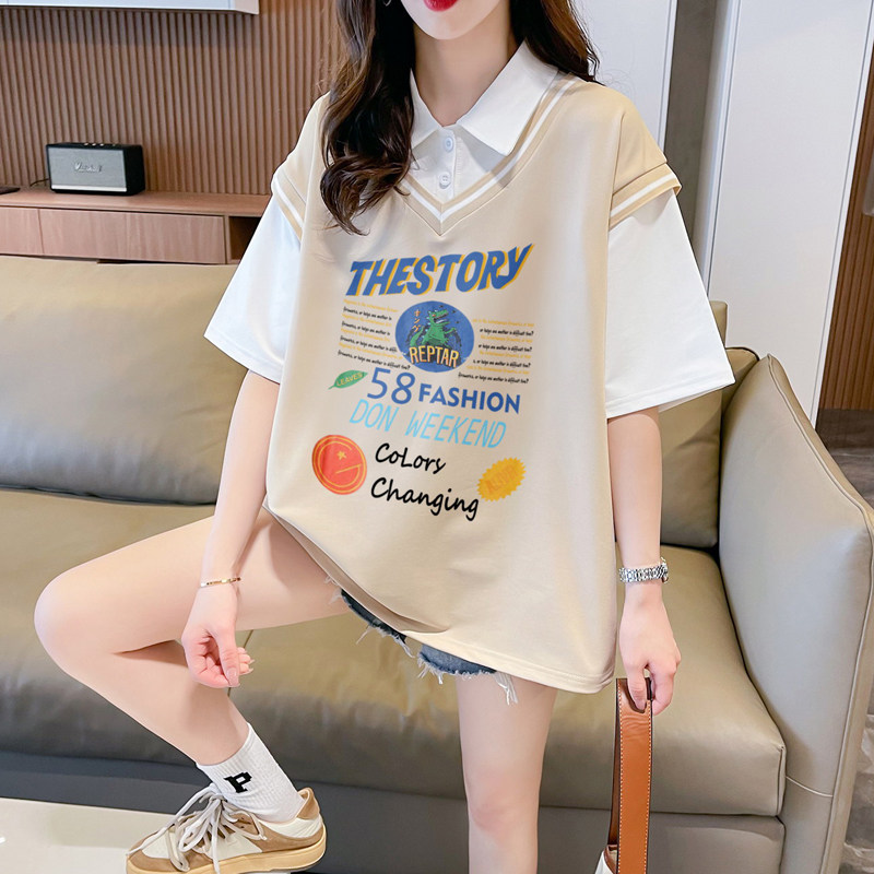 polo领短袖t恤少女童夏装2023新款初中高中学生假两件宽松上衣服