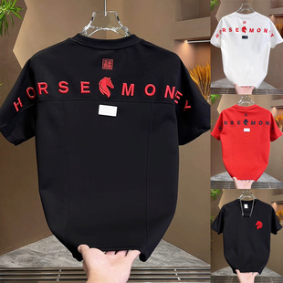 2026秋冬新款时尚潮流马年圆领T恤男士宽松时尚爆款绣休闲短袖男