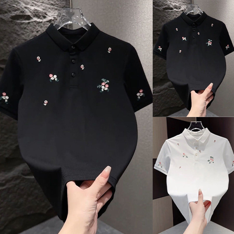 2026夏季新款男士时尚翻领短袖T恤刺绣百搭潮牌舒适半袖上衣ins