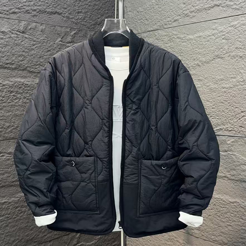 冬季新款男韩版纯色棒球领轻薄棉服夹克夹棉保暖拼接设计工装外套