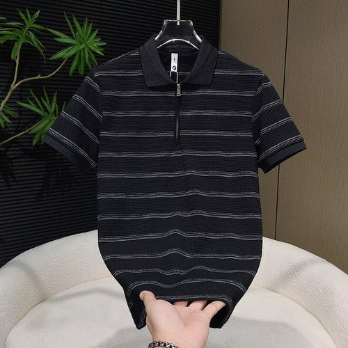 夏季新款时尚宽松条纹翻领体恤潮