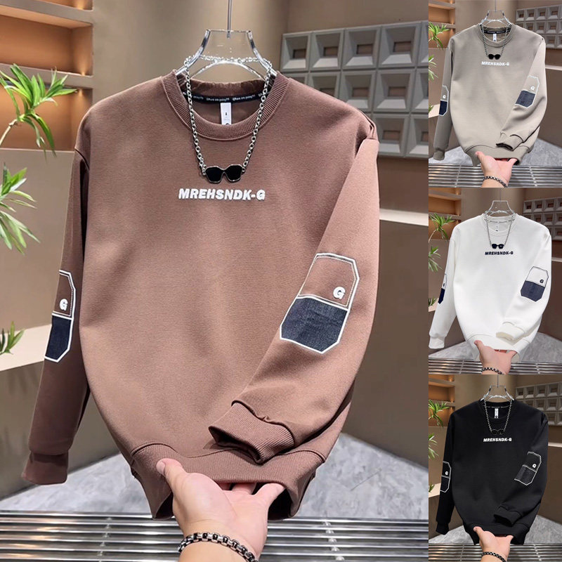 潮牌撞色加绒贴布圆领卫衣男款秋冬季韩版潮流休闲帅气设计感上衣