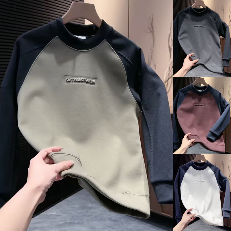 秋冬新款韩版时尚潮流拼色痞帅上衣云朵绒男士保暖休闲圆领卫衣