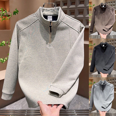 2025重磅男装休闲半拉链卫衣秋冬加绒加厚男流百搭立领打底T恤衫
