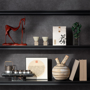 壹铭汇新中式样板间高级感摆件茶室博古架书柜售楼处软装饰品