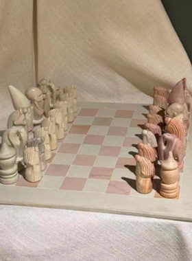 天然肥皂石非洲手工石雕国际象棋粗旷自然抽像风格家居软装摆件