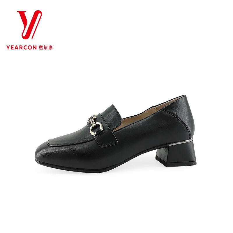 意尔康单鞋粗跟方头真皮时尚