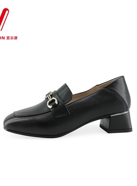 意尔康纯牛皮女鞋2024新款粗跟单鞋时尚舒适不累脚S151AB00608Y