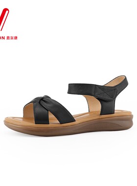 意尔康真皮凉鞋女软底不累脚今年新款厚底时尚妈妈鞋S364AL04055Y