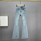 牛仔裤 弹力高腰显瘦欧货烫钻微喇叭裤 女加长裤 春季 2025年新款 修身