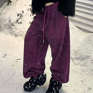 高腰宽松显瘦欧货束脚长裤 新款 女加绒加厚2025年冬季 重工满钻卫裤