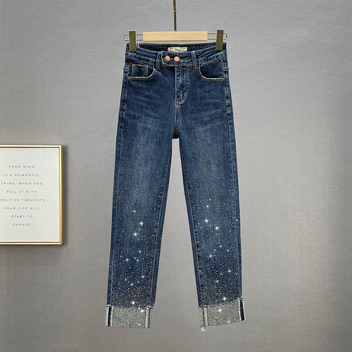 深蓝色牛仔裤女2025烫钻翻边直筒