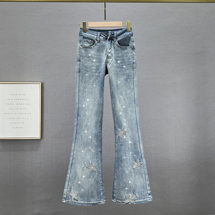 显瘦港风拖地长裤 烫钻牛仔喇叭裤 弹力高腰修身 春季 女潮2023年新款