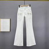 弹力高腰显瘦欧货重工加长裤 烫钻牛仔裤 新款 2026年春季 女微喇叭裤