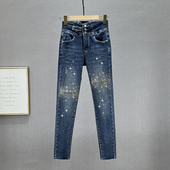 女潮2025年秋季 新款 高腰修身 烫钻牛仔裤 显瘦欧货假破洞小脚铅笔裤