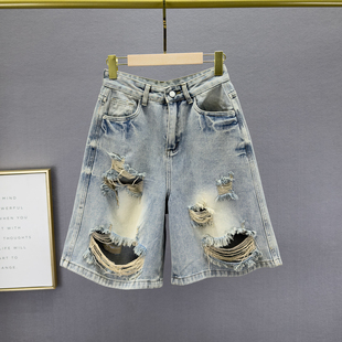 女短裤 马裤 2026年夏季 高腰宽松显瘦欧货做旧五分裤 新款 破洞牛仔裤