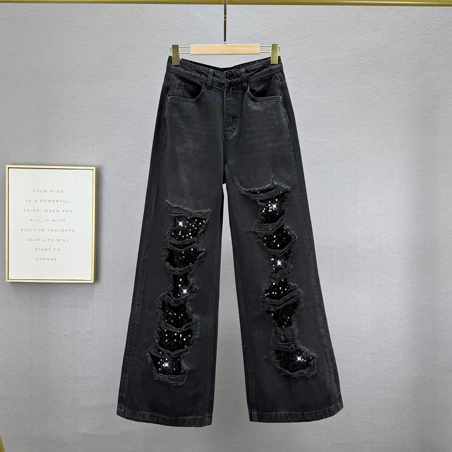 假破洞亮片牛仔裤女加长裤2025年秋季新款高腰宽松显瘦欧式阔腿裤,女装/女士精品,牛仔裤,淘宝优惠券,粉丝福利购,淘宝优惠卷