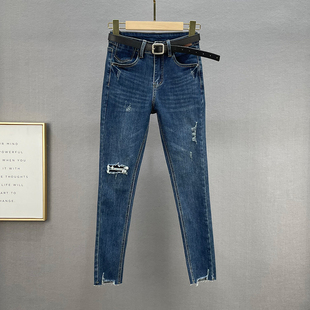 显瘦弹力欧货深蓝小脚裤 高腰修身 女2021早秋新款 假破洞牛仔九分裤