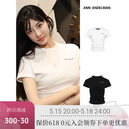 张俪同款ANN ANDELMAN官方授权士纯棉t恤叠褶短袖上衣2023夏季