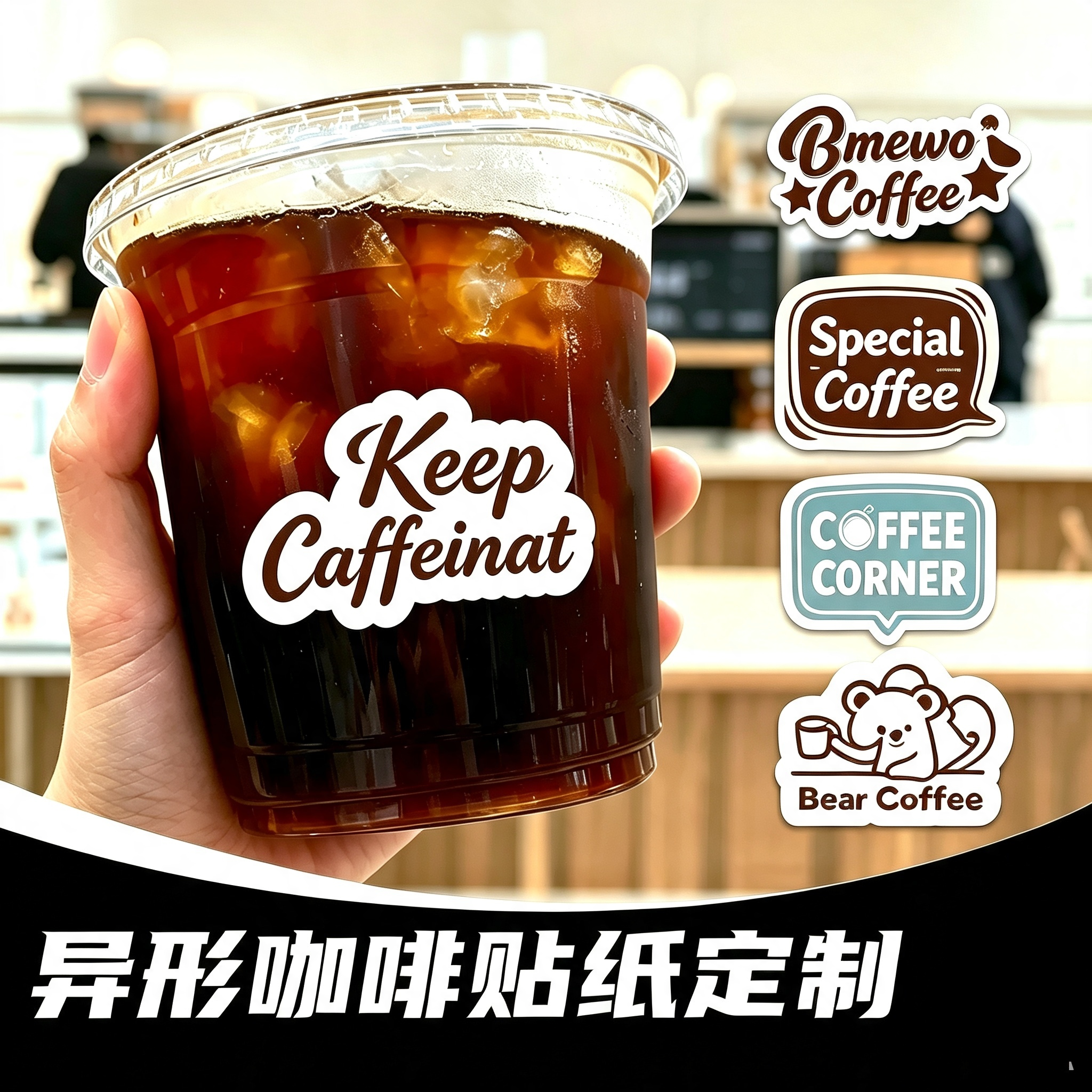 咖啡杯贴纸防水标签奶茶杯贴纸logo广告二维码不粘胶定制