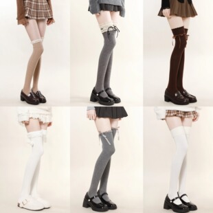 秋冬jk美拉德过膝袜蕾丝花边芭蕾风加绒保暖长靴堆堆袜拼接小腿袜