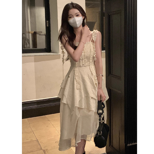 温柔风公主长裙仙气漂漂的仙女裙甜美吊带不规则褶皱连衣裙女夏季