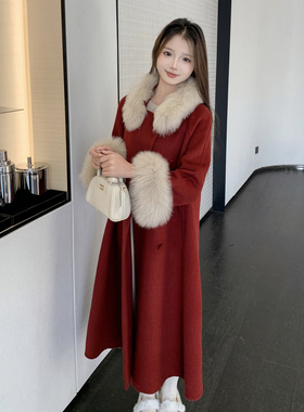 现货新款首发2177-P450-K669狐狸毛毛领 袖毛双面羊绒大衣圣诞红