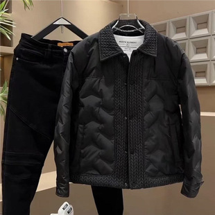 国际大牌冬季男士黑色羽绒服无帽翻领轻薄立体压花夹克外套上衣白