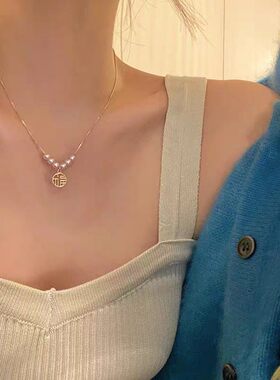 ins风小众设计福牌月光石项链金色链条珍珠颈链 高级感礼物锁骨链