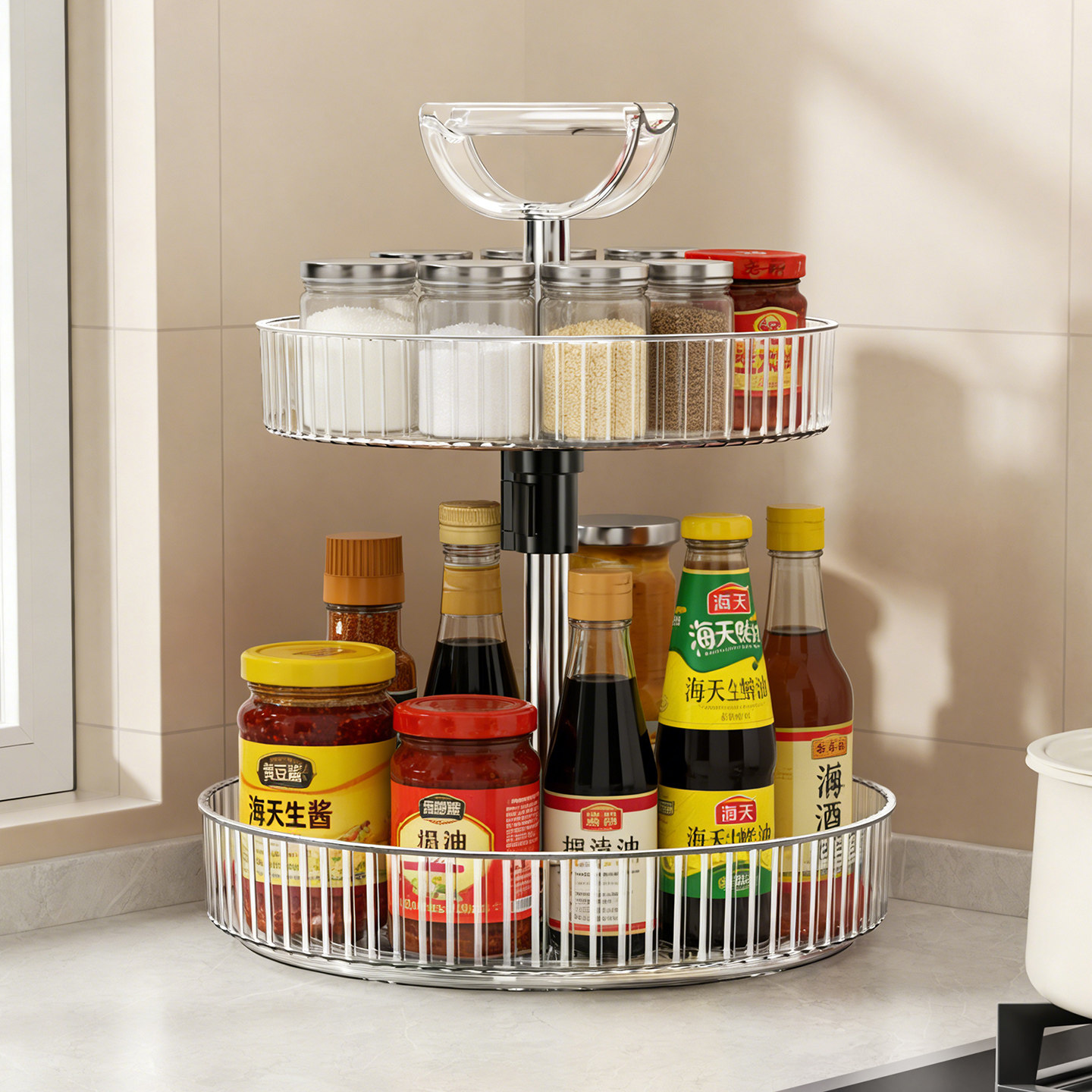 厨房调料置物架旋转调味料瓶收纳台面转角双层油盐酱醋调味品托盘