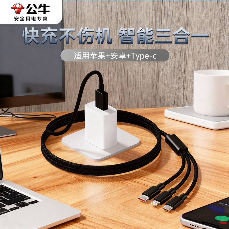 【国家3C认证】公牛typec充电器三合一线数据线充电头一拖三多功能三头充电线快充套装USB适用苹果安卓5V1A2A