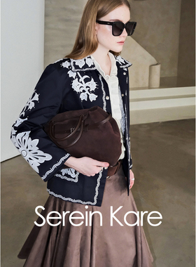 Serein Kare 法式秋冬藏蓝短风衣夹克小众贴花刺绣翻领短外套