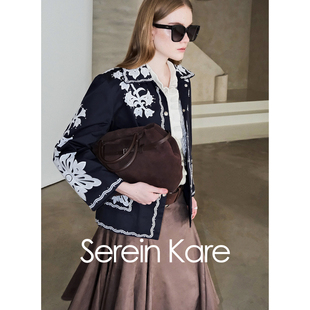 Serein Kare 法式秋冬藏蓝短风衣夹克小众贴花刺绣翻领短外套