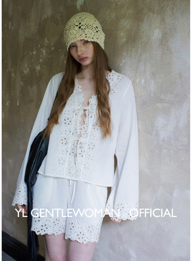 Serein Kare 法式镂空刺绣系带喇叭袖棉麻衬衫开衫刺绣宽松短裤