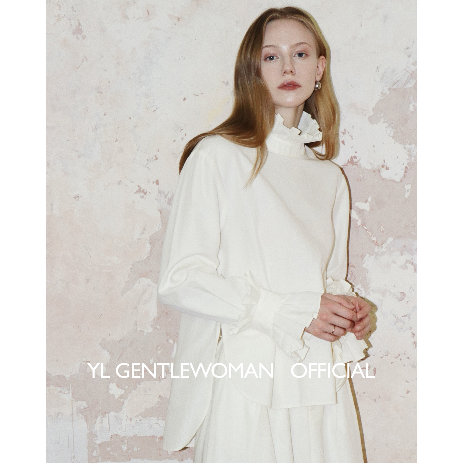 YL Gentlewoman法式木耳边小高领白色衬衣天丝棉a字半身长裙套装