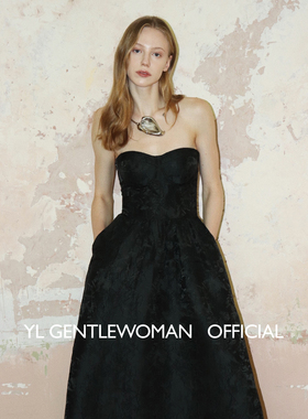 YL Gentlewoman黑色提花抹胸连衣裙气质小礼服长裙可拆卸肩带