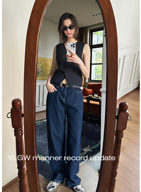 YL Gentlewoman ins博主中高腰直筒宽松显瘦遮胯深蓝色牛仔裤