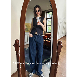 YL Gentlewoman ins博主中高腰直筒宽松显瘦遮胯深蓝色牛仔裤