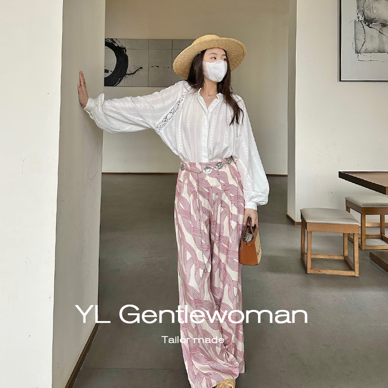 YL Gentlewoman原创法式印花阔腿裤高腰显瘦垂顺抗皱西装裤春夏