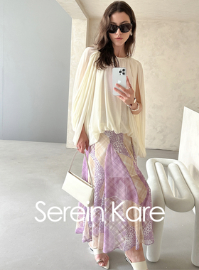 Serein Kare｜夏日清透飘逸紫色不规则印花半身裙 遮假胯宽半裙
