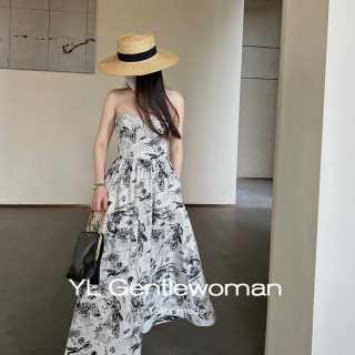 YL Gentlewoman水墨绣花法式抹胸连衣裙度假可拆卸吊带裙气质礼服