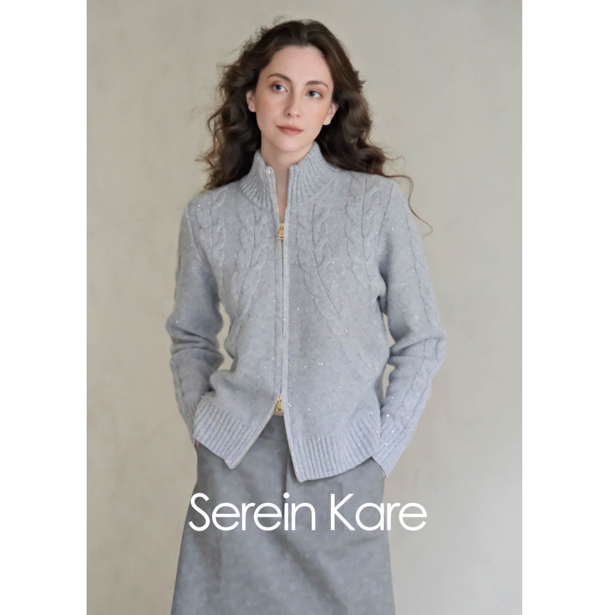 Serein Kare|羊毛带亮片麻花双头拉链针织开衫半高领灰色绞花毛衣