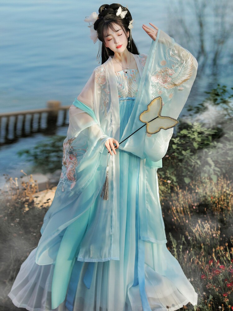 원래 HANFU 여성의 중장비 자수 당나라에서 만든 미로발란 스커트 큰 소매와 원피스 가슴 길이 스커트 중국 스타일 슈퍼 요정 의상