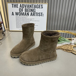 棉鞋 加绒加厚中筒靴子防滑新款 两穿 冬季 真皮平底雪地靴女2025新款