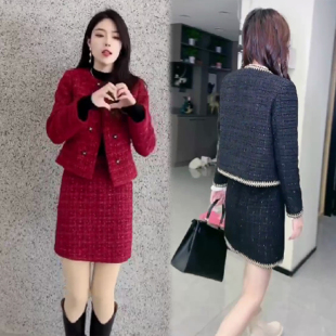 时尚 外套女2022秋冬新款 气质显瘦半身裙两件套 纹毛呢西装 小香风格