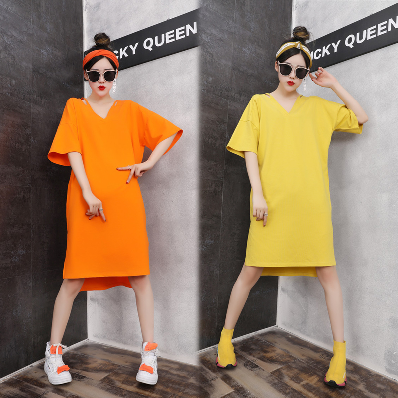 纯色领露吊带前短后长显瘦T恤裙