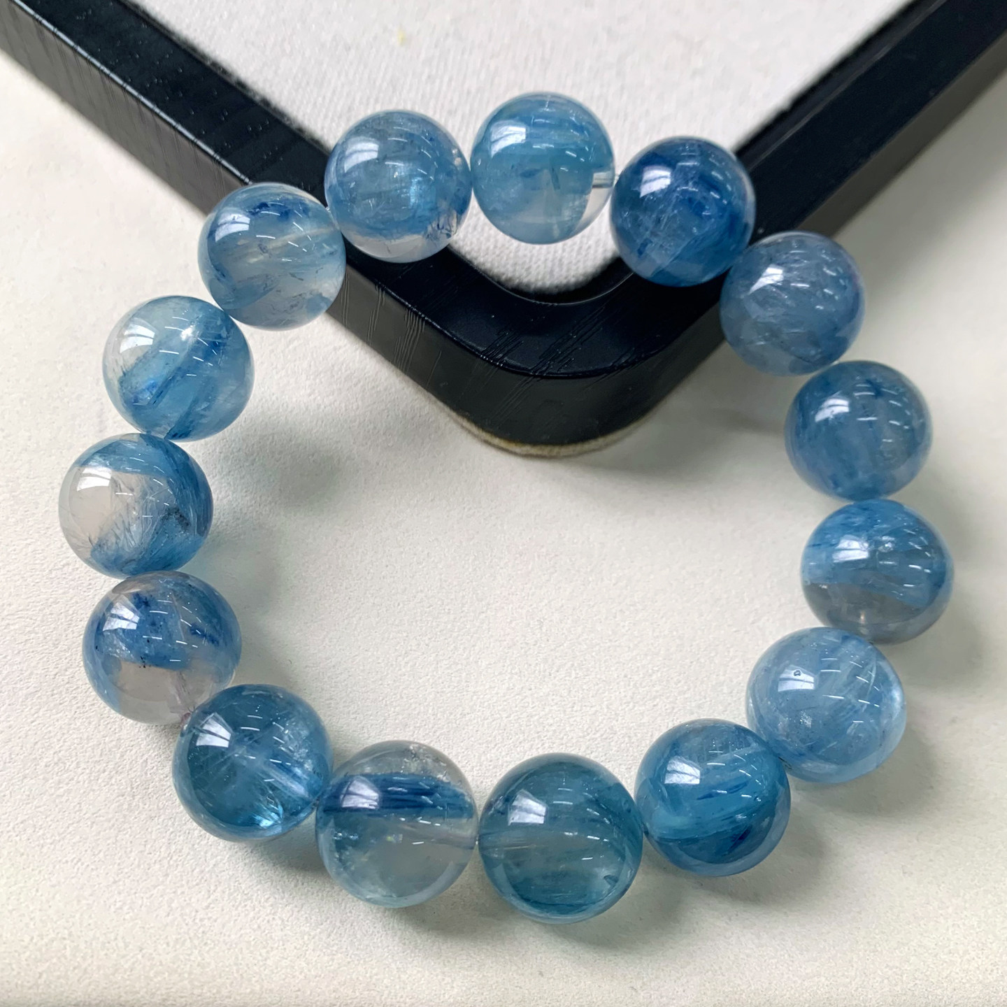 天然冰透石英质玉共生蓝晶石手链玉化矿物蓝绿色手串饰品情侣款女